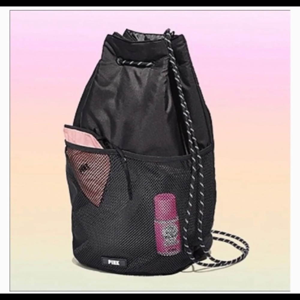 VS Pink Black Drawstring Bag
